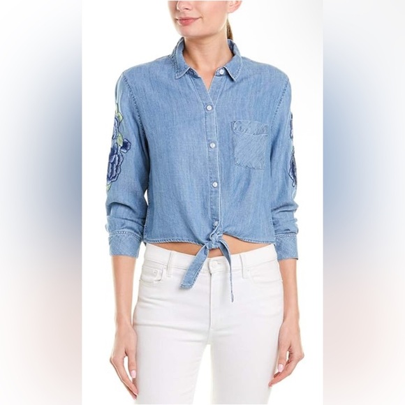 RAILS Val Floral Patch Embroidered Blue Denim Button-Down Tie-Front Blouse- XS - Picture 3 of 11